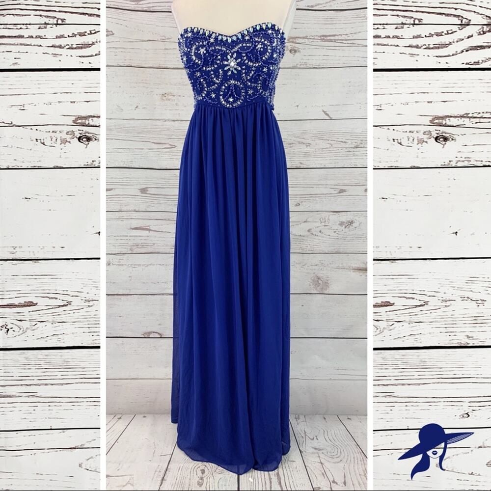 Blondie Nites blue beaded strapless gown formal